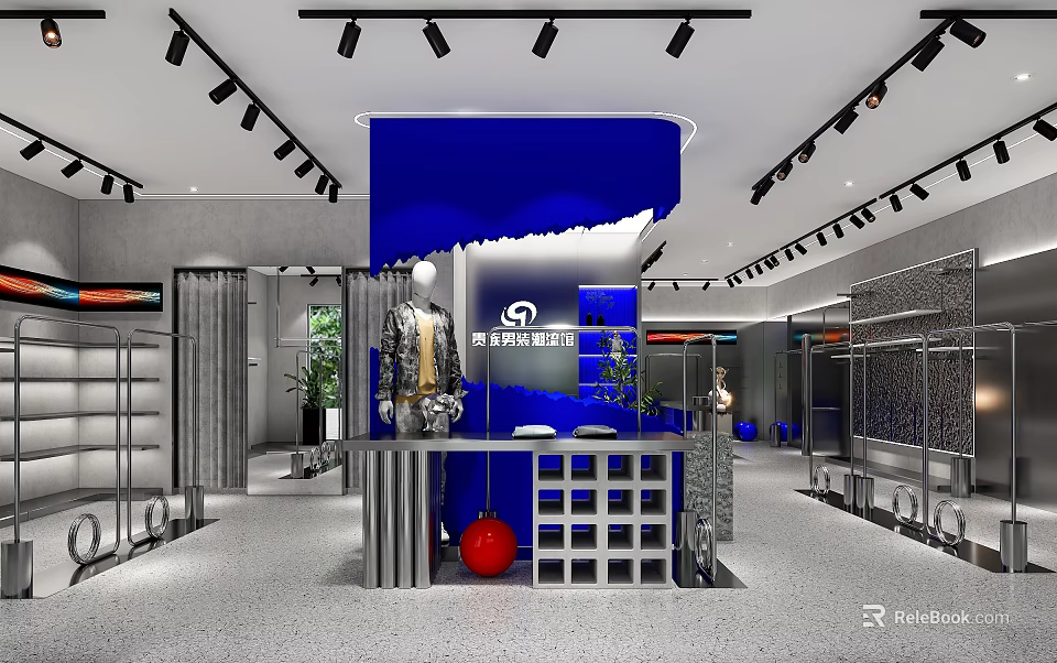 Modern Clothing Store Interior Design With Blue Backdrop Mannequins Racks And Display Lighting 3d model 