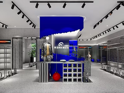 Modern Clothing Store Interior Design With Blue Backdrop Mannequins Racks And Display Lighting 3d model