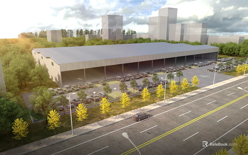 Modern Industrial Factory Building With Metal Roof Parking Lot And Green Trees 3d model 