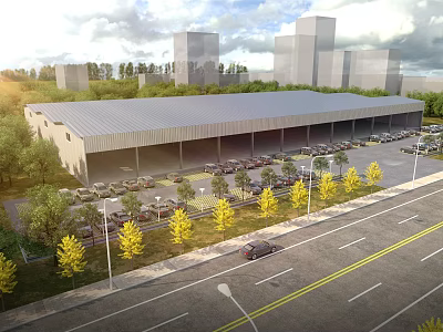 Modern Industrial Factory Building With Metal Roof Parking Lot And Green Trees 3d model