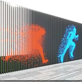Colorful Feature Wall with Dynamic Dot Shaped Human Silhouettes in Red Blue Green