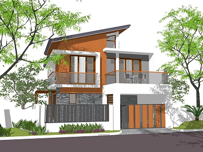 Modern Single Family House With Wooden Siding Stone Wall Balcony Glass Doors And Green Trees 3d model
