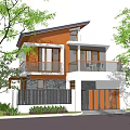 Modern Single Family House With Wooden Siding Stone Wall Balcony Glass Doors And Green Trees