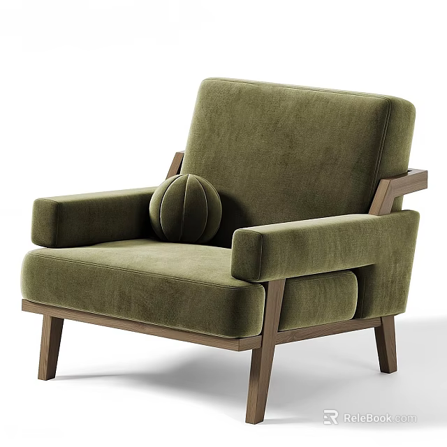 Comfortable Green Velvet Single Sofa with Wooden Frame Armrest and Small Round Pillow 3d model 