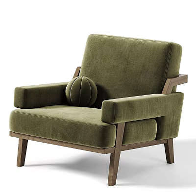 Comfortable Green Velvet Single Sofa with Wooden Frame Armrest and Small Round Pillow 3d model
