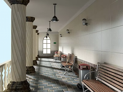 Spacious Elevator Hallway With Wooden Benches Decorative Columns And Wall Lights 3d model