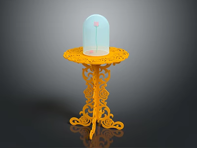 Yellow Carved Accent Table with Transparent Glass Cover and Pink Flower 3d model