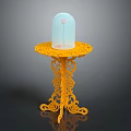 Yellow Carved Accent Table with Transparent Glass Cover and Pink Flower