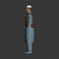 Man Wearing Blue Robe White Cap Brown Patterned Vest Blue Sandals Arms Outstretched Gray Background
