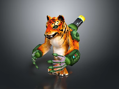 Fierce Orange Black Tiger Mechanical Hybrid 3D Model With Green Arms Yellow Backpack Device 3d model