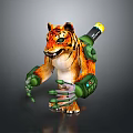 Fierce Orange Black Tiger Mechanical Hybrid 3D Model With Green Arms Yellow Backpack Device