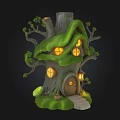 Fairy Tale Tree House With Green Roof Lit Windows Wooden Door And Cozy Steps