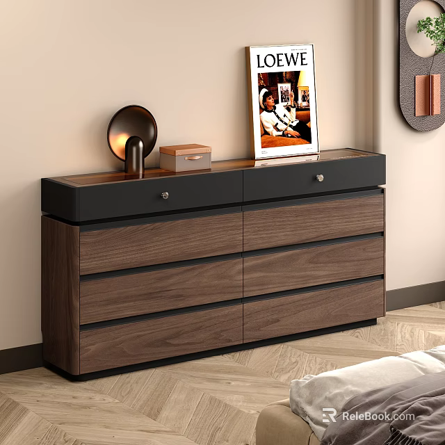 Modern Wooden Chest of Drawers In Bedroom With Lamp Magazine And Decor Box 3d model 
