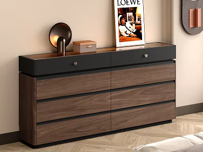 Modern Wooden Chest of Drawers In Bedroom With Lamp Magazine And Decor Box 3d model
