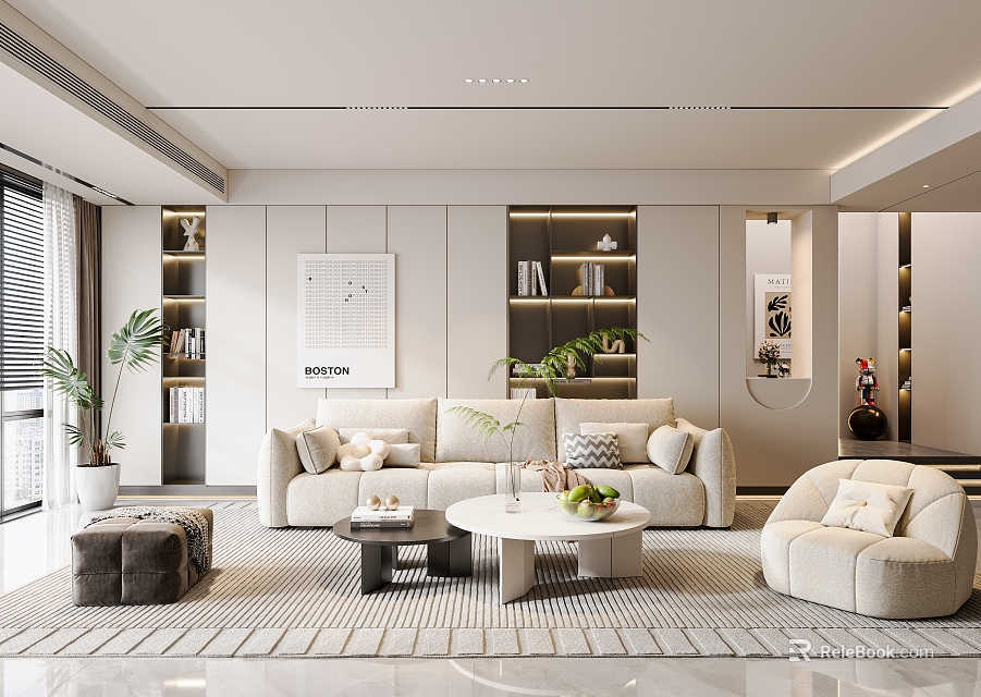 Modern Living Room Interior With Beige Sofa Round Coffee Table And Decorative Elements 3d model 