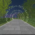 Illuminated Circular Arches With Decorative Patterns Along Stone Path Surrounded By Trees At Night 3d model