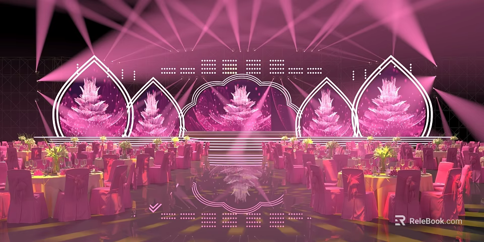 Elegant Pink Event Stage Setup With Decorative Trees Tables And Chairs 3d model