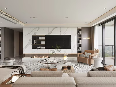 Modern Living Room With Marble Backdrop TV Sofa Floor to Ceiling Windows Fireplace and Rug 3d model