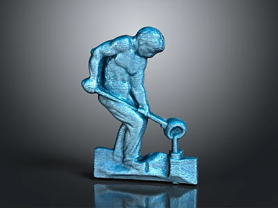 Blue Metallic Statue Of Muscular Figure Bending With Tool And Square Base 3d model
