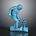 Blue Metallic Statue Of Muscular Figure Bending With Tool And Square Base