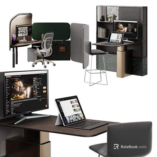 Modern Office Desk Workspace With Monitor Laptop Ergonomic Chair And Bookshelf 3d model 