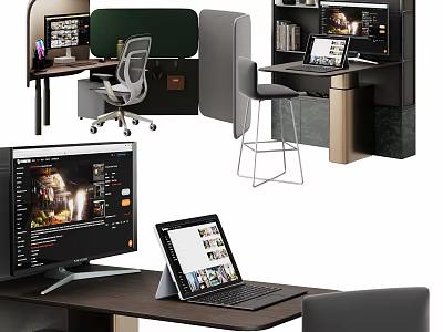 Modern Office Desk Workspace With Monitor Laptop Ergonomic Chair And Bookshelf 3d model