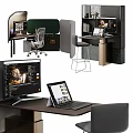 Modern Office Desk Workspace With Monitor Laptop Ergonomic Chair And Bookshelf