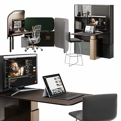 Modern Office Desk Workspace With Monitor Laptop Ergonomic Chair And Bookshelf 3d model