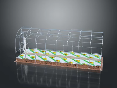 Greenhouse Landscape With Transparent Arched Metal Frame And Neatly Arranged Plants On Soil 3d model