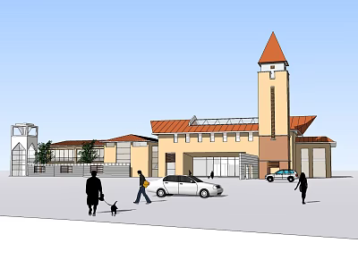Community Building Exterior With Red Roof Tower Pedestrians And Parked Cars 3d model