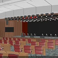 Conference Room Interior With Red Chairs Tables Overhead Lighting Shining On Stage And Screen