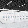 White Compact Shelving Units With Small Panels Round Handles Black Grid Ceiling And White Lights