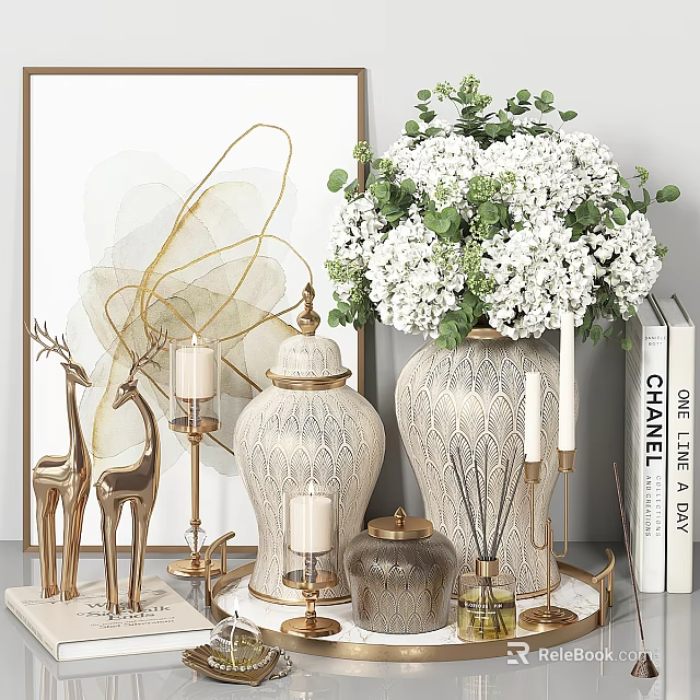 Elegant Decorative Ornament Set with Gold Deer Figurines White Floral Ceramic Jars and Candle Holders for Home Decor 3d model 