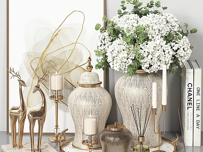 Elegant Decorative Ornament Set with Gold Deer Figurines White Floral Ceramic Jars and Candle Holders for Home Decor 3d model