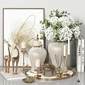 Elegant Decorative Ornament Set with Gold Deer Figurines White Floral Ceramic Jars and Candle Holders for Home Decor