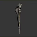 Animal Skull Sculpture With Metallic Texture Long Curved Beak And Detailed Structure Against Dark Background