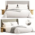 Modern Bed With Beige Upholstered Headboard White Bedding And Wooden Nightstand