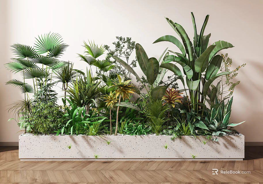 Lush Indoor Landscape With Concrete Planter And Various Green Foliage Plants 3d model 