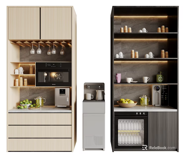 Modern Kitchen Interior With Wooden Cabinets Shelves Mugs Coffee Machine And Fruits 3d model 