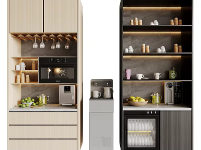 Modern Kitchen Interior With Wooden Cabinets Shelves Mugs Coffee Machine And Fruits 3d model