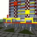 Modern Multistory Building With Colorful Yellow Red Black White Facade And Urban Road Greenery