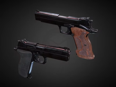 Two Black Handguns As Weapons Featuring Black And Wooden Grips On Dark Background 3d model