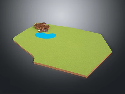 Cartoon Scene With Green Hexagonal Meadow Brown House And Blue Pond 3d model