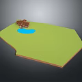 Cartoon Scene With Green Hexagonal Meadow Brown House And Blue Pond