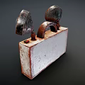 Vintage Metal Box With Two Round Lamps Rusty Surface And Sticker Details On Old Case