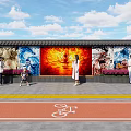 Colorful Mural Feature Wall With People Appreciating Flower Beds And Street Lamp Under Blue Sky