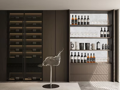 Modern Wine Cabinet Interior Design With Wine Bottles Glasses And Storage Shelves 3d model