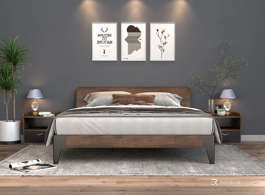 Modern Double Bed with Wooden Headboard Nightstands Table Lamps Green Plants and Decorative Art 3d model 