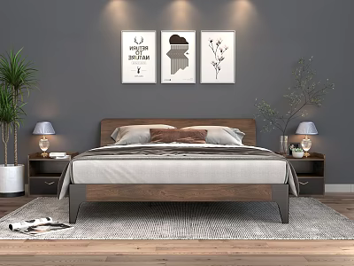 Modern Double Bed with Wooden Headboard Nightstands Table Lamps Green Plants and Decorative Art 3d model