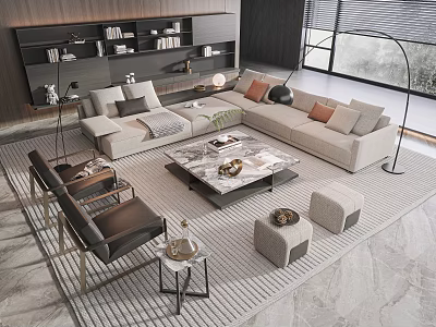 Modern L shaped Sofa And Marble Top Coffee Table Set With Decorative Pillows In Living Room 3d model